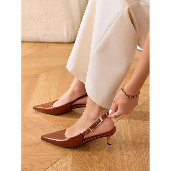 Women's Brown Slingback Kitten Heels Closed Pointed Toe Pumps Buckle Strap - Picture 3 of 6